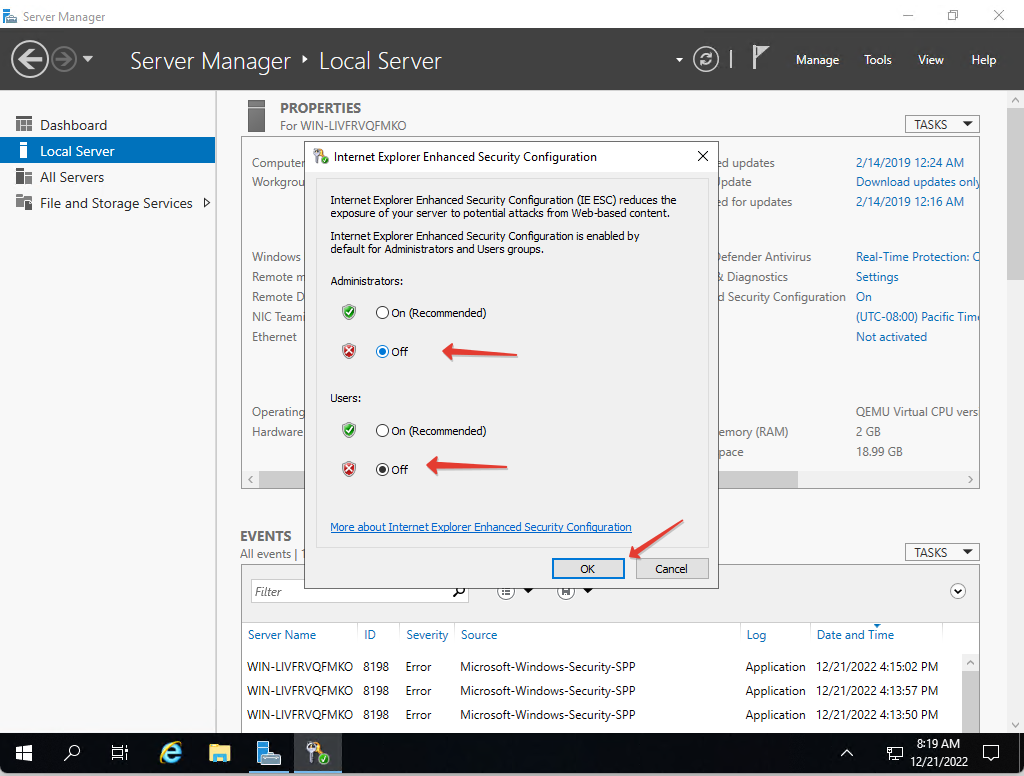 Отключение конфигурации усиленной безопасности Internet Explorer в Windows Server